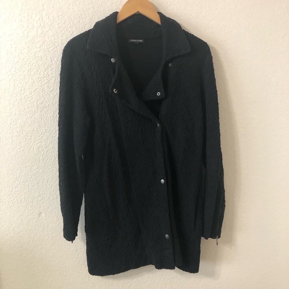 Eileen Fisher Persian Cotton Snap Front Textured Jacket in Black - Size Medium